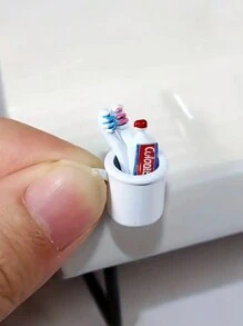 1入娃娃屋迷你牙刷架套裝金屬材質1:6 1:12比例模型房屋浴室裝飾(隨機牙膏和杯子) - 牙齒護理套裝 - 查看 7