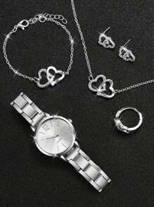 6 件装女士不锈钢银色罗马数字石英表配双心形链条首饰套装 - 情侣礼物 - 銀色 - 查看 3