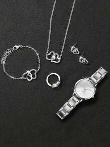 6 件装女士不锈钢银色罗马数字石英表配双心形链条首饰套装 - 情侣礼物 - 銀色 - 查看 7