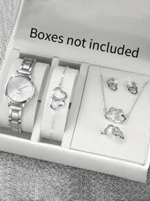 6 件装女士不锈钢银色罗马数字石英表配双心形链条首饰套装 - 情侣礼物 - 銀色 - 查看 1