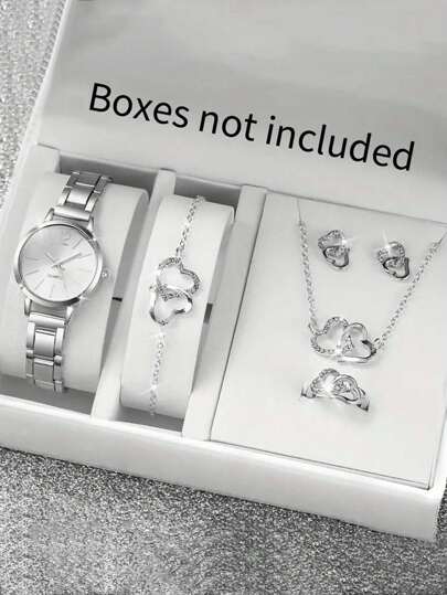 6 قطع مجموعة ساعات نسائية من الفولاذ المقاوم للصدأ بعقارب أرقام رومانية، وسلسلة مزدوجة بشكل قلب، هدية للأزواج