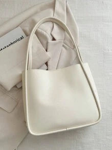 1入簡約復古純色柔軟手感大容量肩揹桶袋，適合女性日常休閒通勤使用 - 米色 - 查看 5