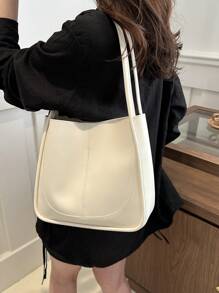 1入簡約復古純色柔軟手感大容量肩揹桶袋，適合女性日常休閒通勤使用 - 米色 - 查看 3