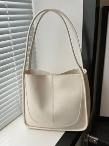 1入簡約復古純色柔軟手感大容量肩揹桶袋，適合女性日常休閒通勤使用 - 米色 - 查看 2