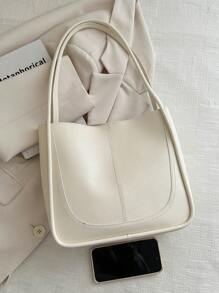 1入簡約復古純色柔軟手感大容量肩揹桶袋，適合女性日常休閒通勤使用 - 米色 - 查看 4