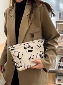 Beige Cute Panda Pattern Corduroy Makeup Bags Clutch Bag Cosmetic Bag Toiletry Bag Fabric Comfortable Large Capacity Portable Travel Storage Bag With Zipper Wash Bag Dormitory Essential Toiletry Bag For Makeup Tools Girl's Gift Holiday Essentials Back To School Essentials Makeup Organizer Make Up Organizer Makeup Storage Makeup Pouch Make Up Pouch