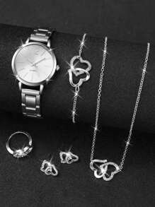 6 件装女士不锈钢银色罗马数字石英表配双心形链条首饰套装 - 情侣礼物 - 銀色 - 查看 2
