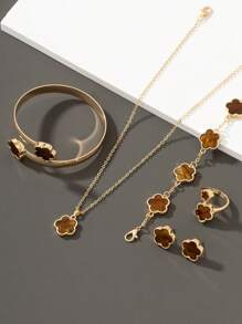 1 套：1 条幸运四叶草吊坠项链、1 条手链、1 对耳环、1 枚戒指、1 只手镯、女士珠宝套装 - 棕色 - 查看 3