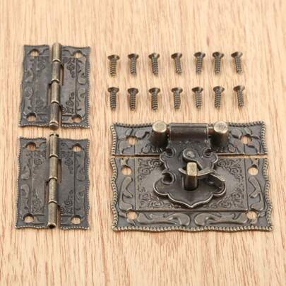 3pcs/Set Antique Bronze Padlock Wood Box Latch Hasp+Suitcase Cabinet Hinge Furniture Decorative Hardware Retro