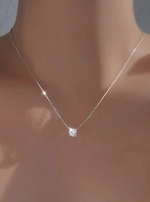 ELSEDES 1pc Classic Style S925 Silver Pendant With Shiny Gemstone, Simple & Elegant Necklace For Women's Everyday Outfit Or Office Wear - Silver - View 2