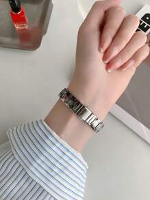 1 chiếc đồng hồ thạch anh tròn đơn giản bằng thép không gỉ màu đen dành cho nữ - Bạc - Xem 4