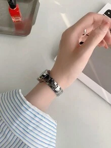 1 chiếc đồng hồ thạch anh tròn đơn giản bằng thép không gỉ màu đen dành cho nữ - Bạc - Xem 3
