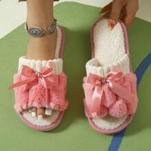 Women's Rabbit Fluffy Bow-Knot Design Open-Toe House Slippers, Comfortable, Solid Color, Bedroom Floor Slippers - Pink - View 3