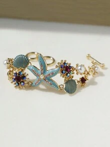 1入組異國情調海濱風格海洋海星＆珊瑚形合金＆鑽石＆貝殼手鍊，適合女性日常穿戴和旅遊 - 手鍊 - 查看 14