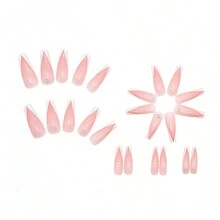24pcs Long French Style Rhinestone Fake Nail Set With 1 Nail File And 1 Double Sided Tape, Suitable For Women And Girls - Multicolor - View 2