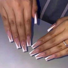 24pcs Long French Style Rhinestone Fake Nail Set With 1 Nail File And 1 Double Sided Tape, Suitable For Women And Girls - Multicolor - View 1