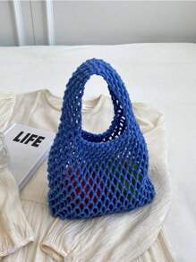 BAILEE 一套涤纶钩编网眼底多色纯色针织手提包，绗缝轻便便携大容量可爱时尚沙滩包，夏季沙滩必备，沙滩配件，沙滩装备和夏季必备单品，最新度假包，钩编，卡哇伊 - 藍色 - 查看 4