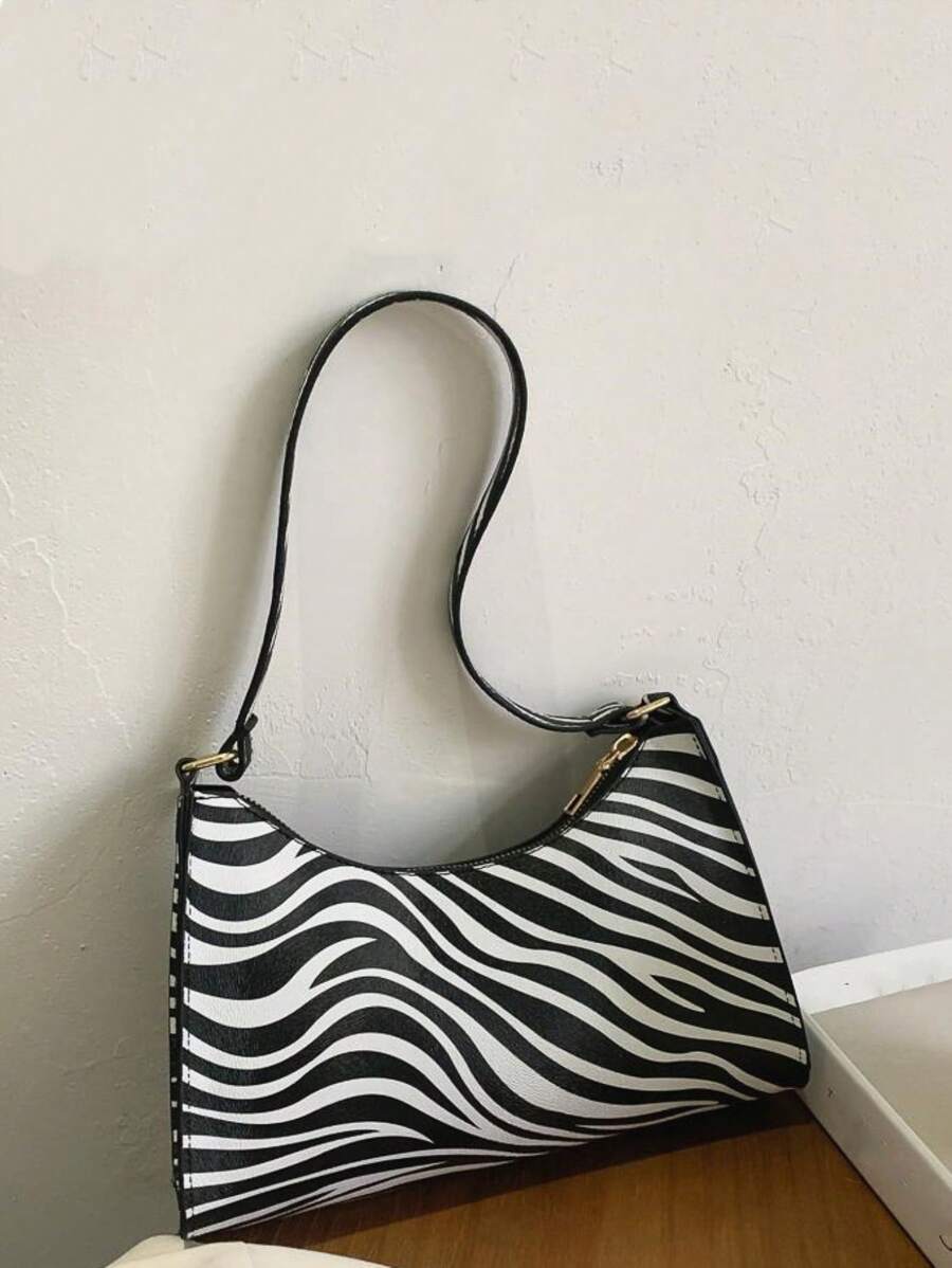 Yogodlns 夏季新款女士单肩包 高品质斑马纹腋下手提包 PU 皮革豹纹腋下钱包包 法式腋下托特包 女士棕色豹纹手提包 手拿包 女式复古 PU 皮革单肩包 多功能休闲 - 黑與白 - 查看 1