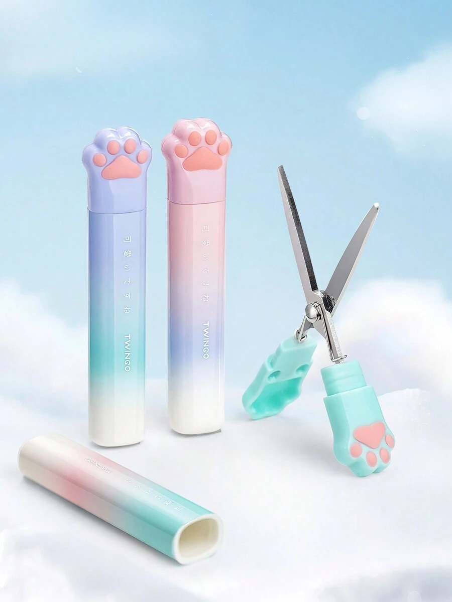 Tijeras Lindas En Forma De Garra De Gato Con Diseño Plegable En Un Tamaño Portátil Con Degradado De Colores, Cortador Para Papel Y Diario, Regalo Creativo Para Chicas - Verde - Ver 1