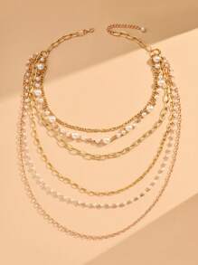 1件复古多层珍珠项链，欧美风格，时尚长款毛衣链，春夏百搭配饰 - 金色 - 查看 4