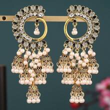 1pair Peacock Feather Dangle Earrings With Multi-Color Pearls & Half Moon Shaped Design; Style Vintage Bell Shaped Women's Earrings