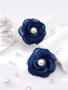 1雙女孩春夏新品深藍色珍珠和花朵髮夾,適合日常生活或度假 - 藏蓝色 - 查看 1