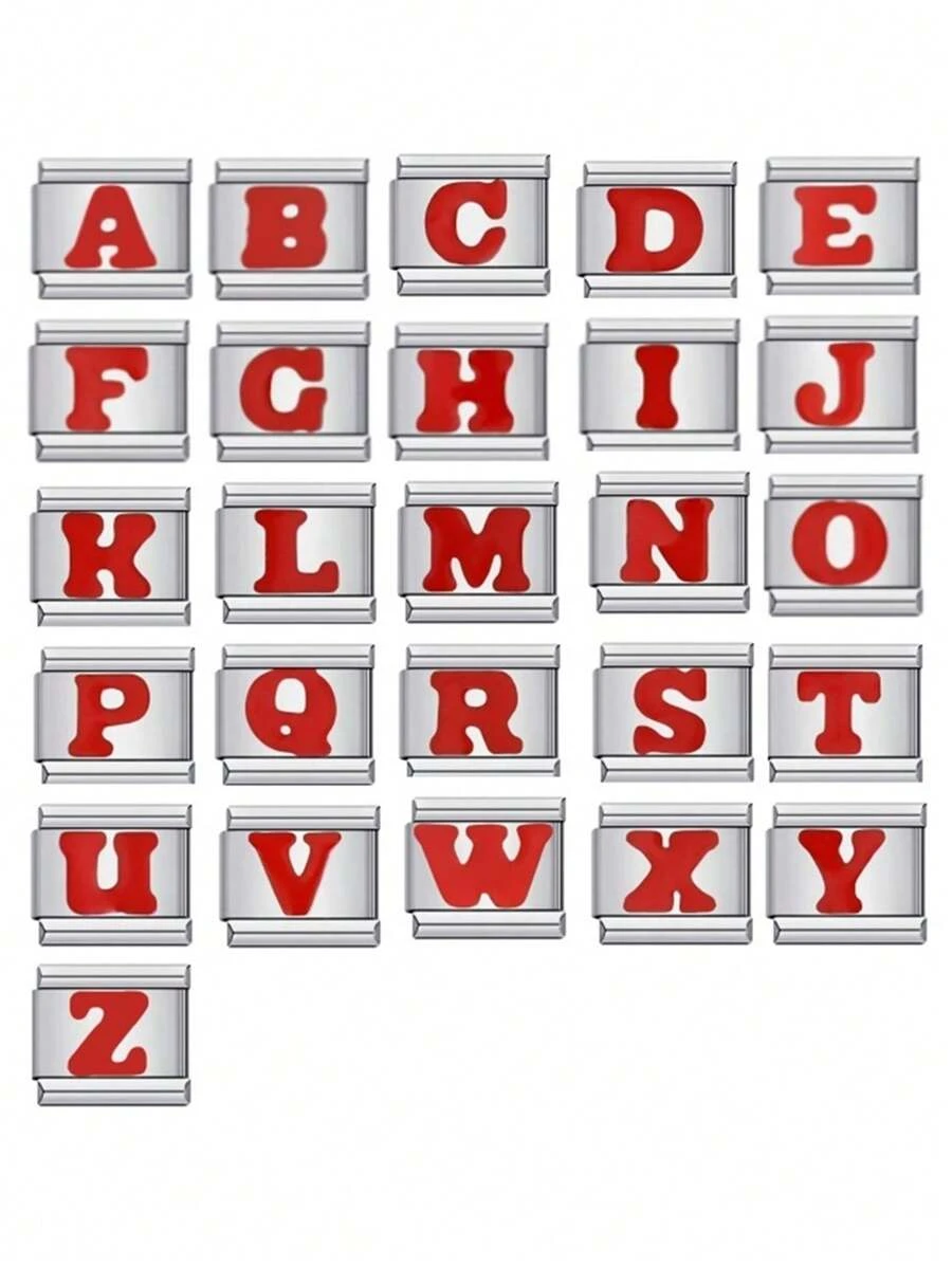 1pc Fashionable Italy Stainless Steel 26 Red Letter Pendant 9mm Modular Bracelet, Unisex, Handmade, Detachable Diy Jewelry