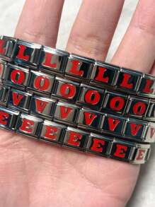1pc Fashionable Italy Stainless Steel 26 Red Letter Pendant 9mm Modular Bracelet, Unisex, Handmade, Detachable Diy Jewelry