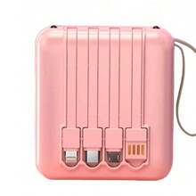 20000 MAh Portable Charger With Flashlight For USB, Type-C, Lightning And Micro Cable, 4-In-1 Power Bank, Compact Mini Power Bank - Pink - View 1