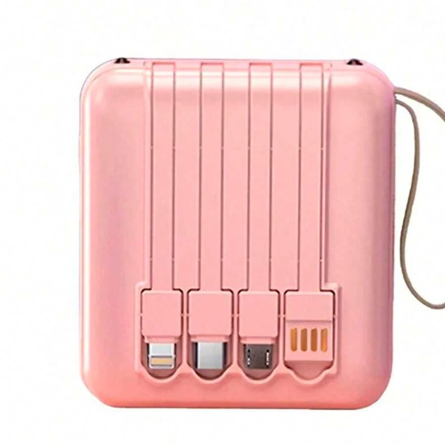 20000 MAh Portable Charger With Flashlight For USB, Type-C, Lightning And Micro Cable, 4-In-1 Power Bank, Compact Mini Power Bank - Pink - View 1