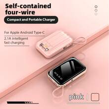 20000 MAh Portable Charger With Flashlight For USB, Type-C, Lightning And Micro Cable, 4-In-1 Power Bank, Compact Mini Power Bank - Pink - View 2