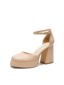 Women Chunky Platform High Heels Closed Toe Block Ankle Strap Dress Prom Wedding Party Pumps Shoes - Mai/PU - Xem 2