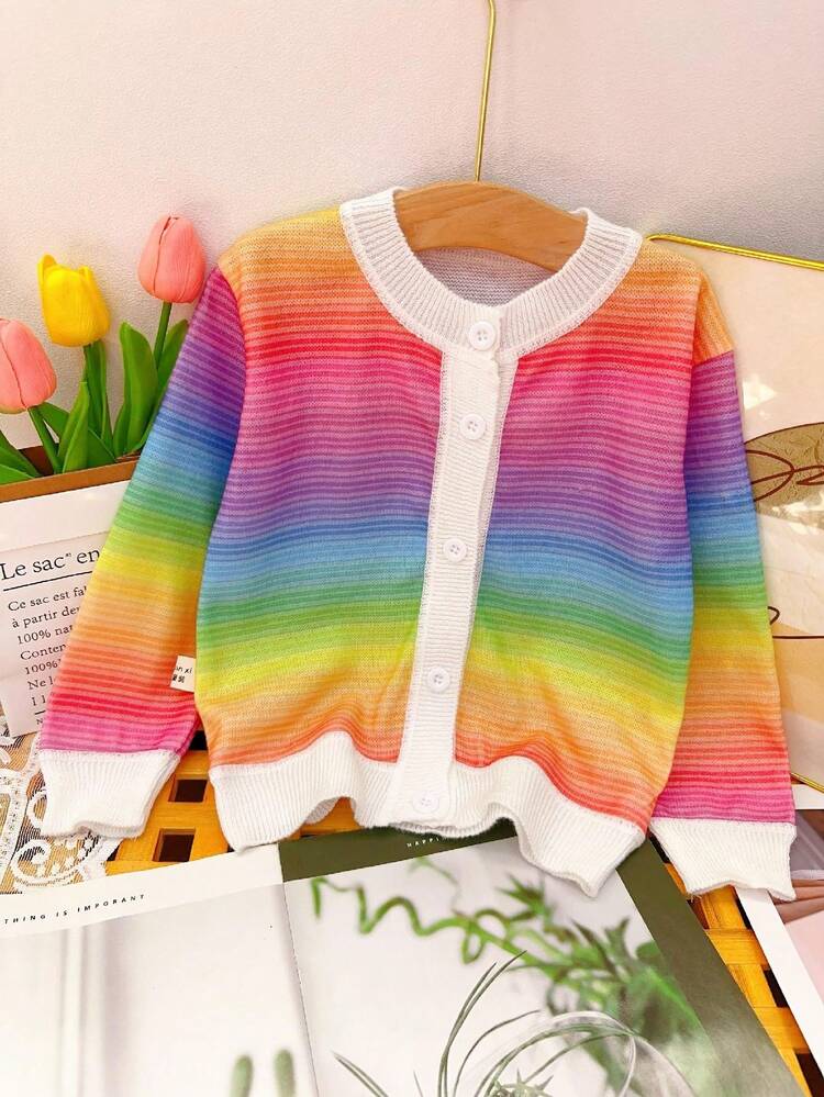 Young Girl New Spring Arrival Chic Rainbow Striped Knitted Long-Sleeved Cardigan - Purple - View 1