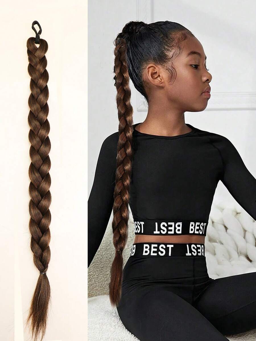 1件兒童合成高溫柔軟頭髮假髮，適用於編辮子和馬尾辮，適合女孩日常穿著，淺啡色 - Light Brown - 查看 1