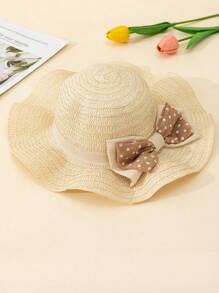 1pc Girls' Dual Layer Polka Dot Bow Decor Elegant Beige Wavy Brim Sun Hat, Suitable For Summer Outdoor, Beach, Wedding, Children Gift - Beige - View 2