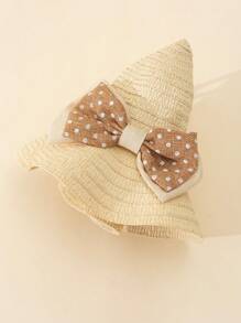1pc Girls' Dual Layer Polka Dot Bow Decor Elegant Beige Wavy Brim Sun Hat, Suitable For Summer Outdoor, Beach, Wedding, Children Gift - Beige - View 4
