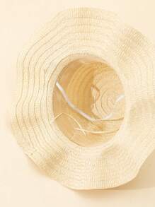 1pc Girls' Dual Layer Polka Dot Bow Decor Elegant Beige Wavy Brim Sun Hat, Suitable For Summer Outdoor, Beach, Wedding, Children Gift - Beige - View 3