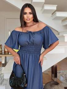 Vestido longo jeans lastex manga curto ombro ombro