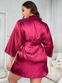 Conjunto De Pijamas Satin Tallas Grandes Para Mujer Con Con Bralette Encaje Sexy Y Bata Suave Sexy 3 Piezas - Rosa Fucsia - Ver 4