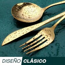 24 piezas Juego de cubiertos de acero inoxidableestilo portugués mate, incluye cuchillos para filete, tenedores de cena, cucharas de cena y cucharas de té, Cocina, Navidad - Dorado - Ver 7