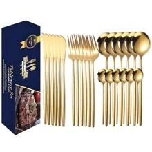 24 piezas Juego de cubiertos de acero inoxidableestilo portugués mate, incluye cuchillos para filete, tenedores de cena, cucharas de cena y cucharas de té, Cocina, Navidad - Dorado - Ver 3