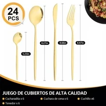 24 piezas Juego de cubiertos de acero inoxidableestilo portugués mate, incluye cuchillos para filete, tenedores de cena, cucharas de cena y cucharas de té, Cocina, Navidad - Dorado - Ver 2