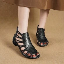 Mới Mùa hè Phong cách Cắt ra Hình hoa Da Của phụ nữ Dép xăng đan - màu đen - Xem 3