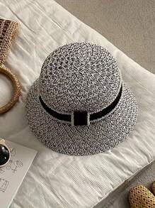 優雅的法式格紋草編桶帽適用於女性 - 時尚透氣的防曬 - 黑與白 - 查看 6