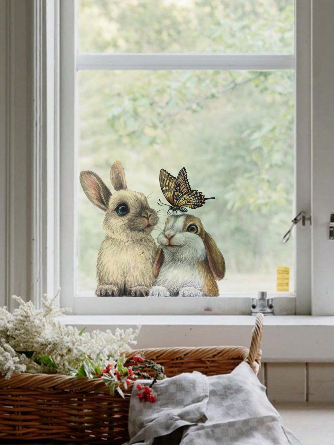 Gray Rabbit And Three Cats Pattern Window Stickers, Waterproof Self