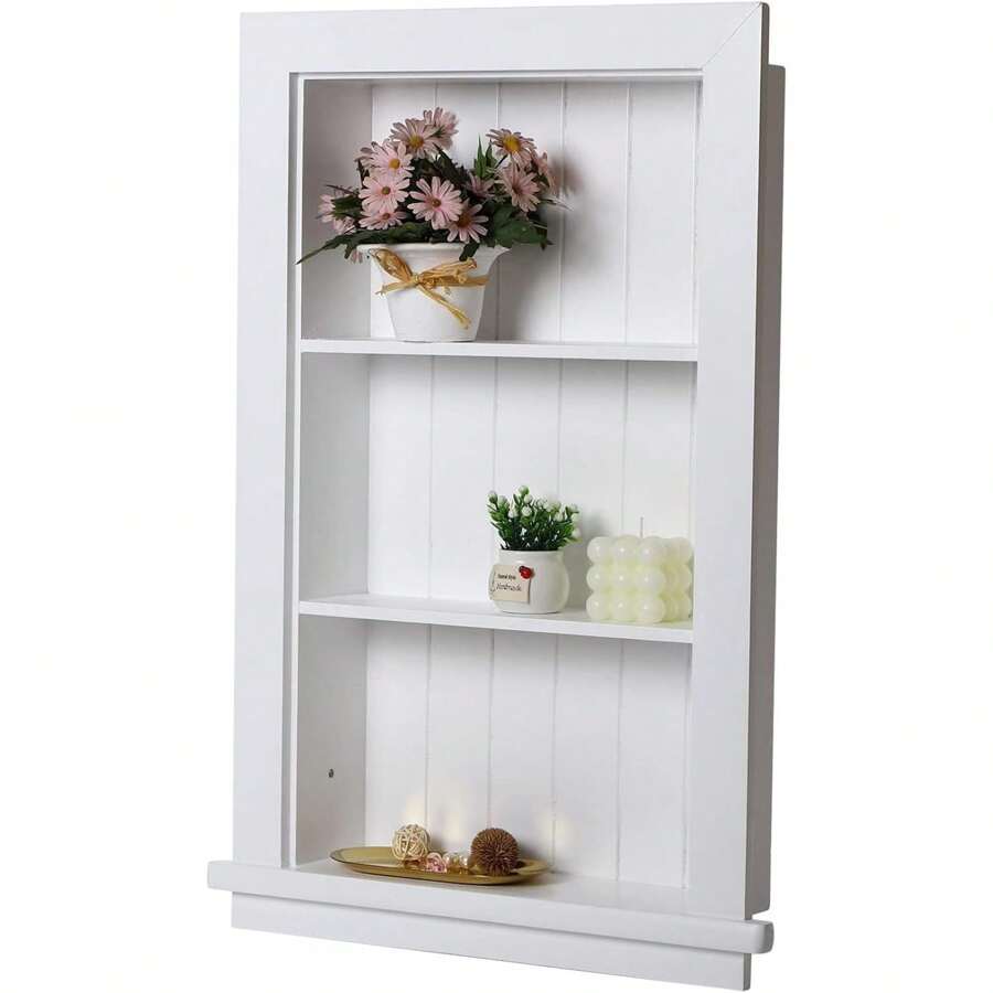 Recessed Medicine Cabinet, Wall Niche, In Shelves, Shelf Insert, 14"W X 24"H ID, 17"W X 27"H OD, 3 Tier, White, Wood, Shallow Drywall Cabinets, Between Studs Shelving, Open Bathroom Cubby | YONGSTYLE - Multicolor - View 1