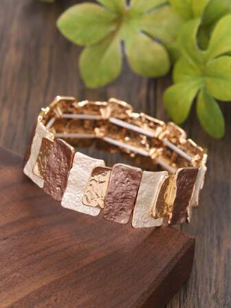 1 Pieza Pulsera Bohemia Vintage De Aleación De Zinc Geométrica Con Esmalte De Pintura Plateada, Perfecta Para Fiestas De Mujeres, Regalos O Atuendos Personalizados