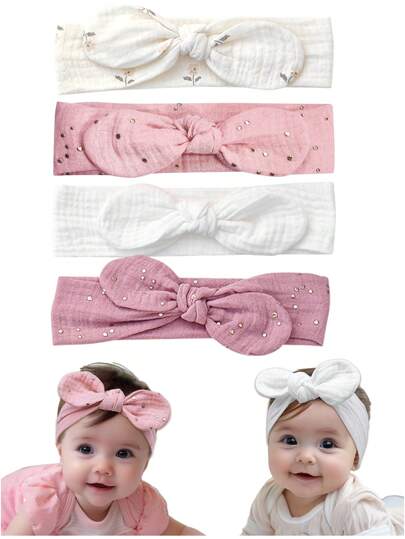 ชุด 4 ชิ้น บานด์คาดผมเด็กลาย พิมพ์และจุดทอง & สีพื้นสองชั้น มีดีเทลโบว์ สำหรับสวมใส่ทุกวัน และ ของขวัญ เหมาะสำหรับทุกฤดู ช่วงวันวาเลนไทน์