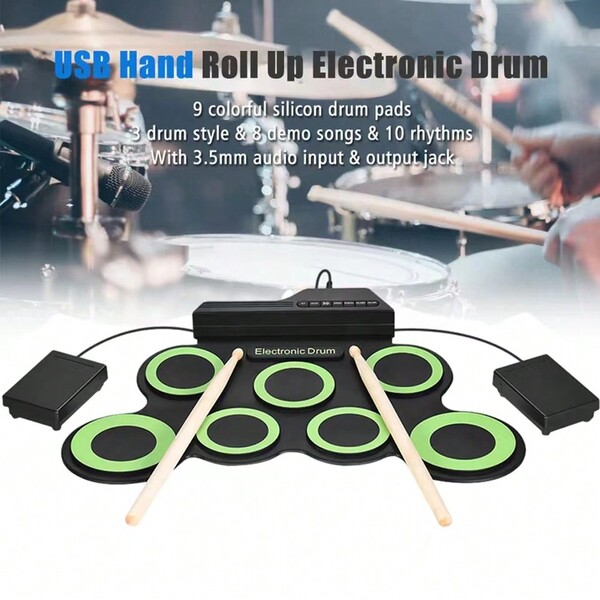 Electric Drum Set, 7-Pad Electronic Drum Set Included, Roll-Up Drum Practice Pad