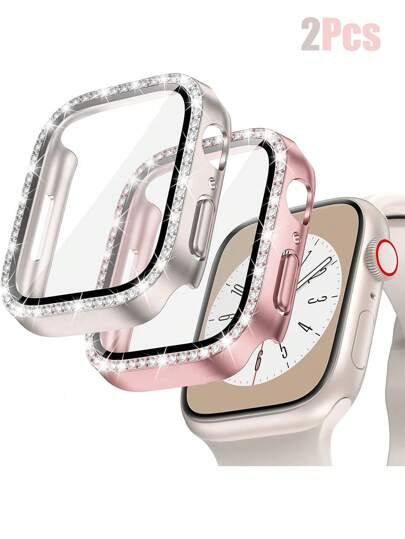 2pcs Fashionable And Attractive Rhinestone Decoration Compatible With Apple Watch Women's Watch Case, 2 In 1 Drop-Proof And Scratch-Resistant Hard Pc With Ultra-Thin Tempered Glass Screen Protector, Compatible With Apple Watch Series Ultra/Se/11/10/9/8/7/6/5/4/3, 38/40/41/42/44/45/46/49Mm, Easy To Wear And Touch Sensitive